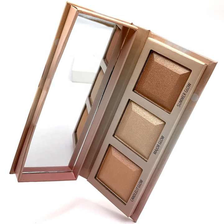 Custom Makeup Brozner Contour Highlighter Palette 3-Pan Pressed Glowing Diamond Highlighter Powders Vegan Ingredients Face Body